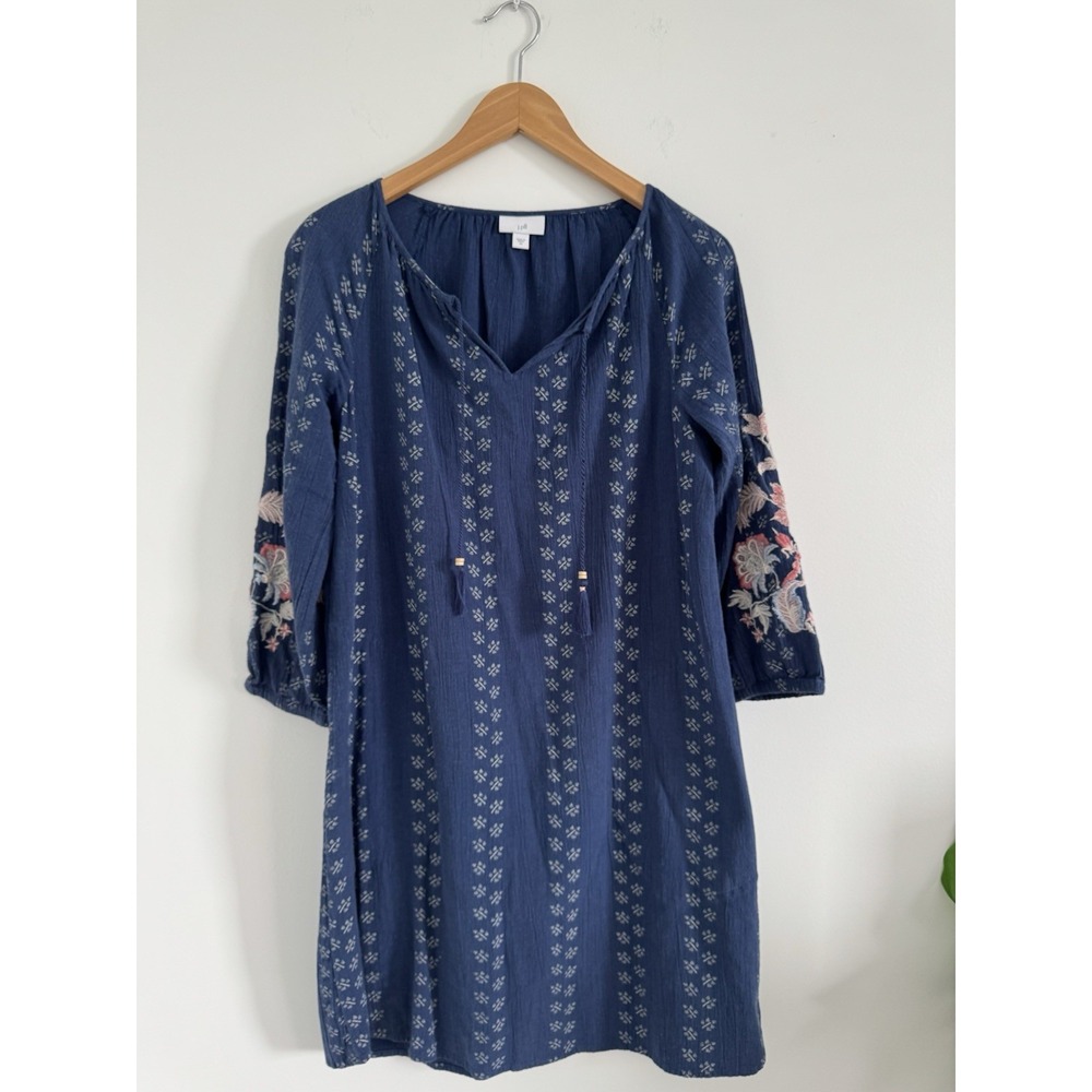 J. Jill Floral Embroidered Peasant Tunic Blue Batik Print Dress XSmall Oversized